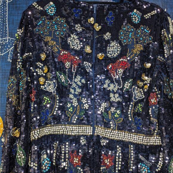 NWT Mac Duggal Embellished Wrap Over Bishop Sleeve Gown Midnight Multi Size 10 - Picture 10 of 11